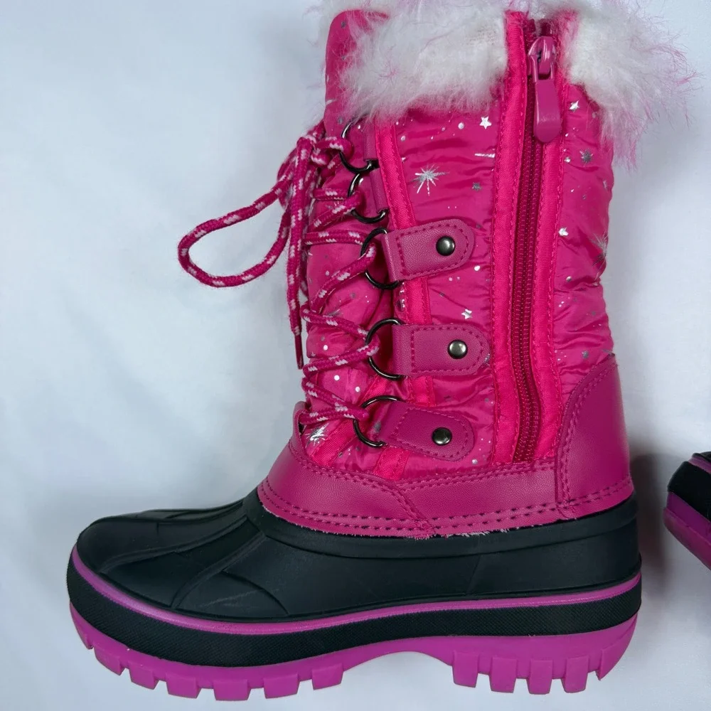 KRIVER-1 Snow Boots Kids Size 13 Pink Star Quilted Faux Fur Trim Duck Boots